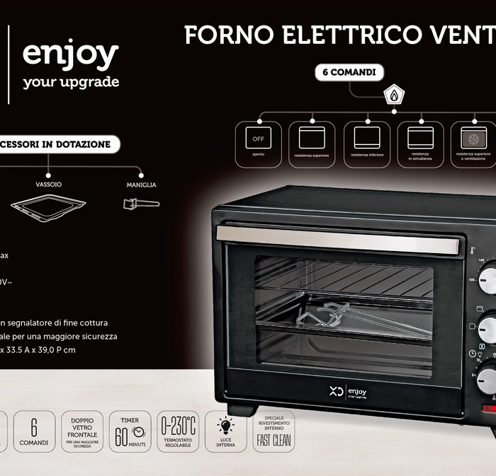 Forno Fornetto Elettrico Ventilato 38 litri 1600W Luce Interna