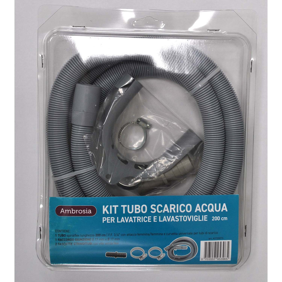 Ambrosia KIT: TUBO SCARICO LAVAT. CM200 CON CURVETTA + 1 RACCORDO P/TUBO SCARICO MM 17X17 + 2 FASCETTE STRINGITUBI Ambrosia KIT: TUBO SCARICO LAVAT. CM200 CON CURVETTA + 1 RACCORDO P/TUBO SCARICO MM 17X17 + 2 FASCETTE STRINGITUBI