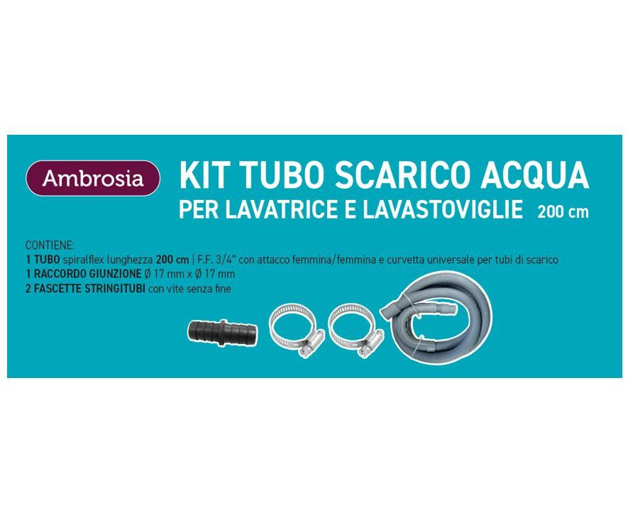Ambrosia KIT: TUBO SCARICO LAVAT. CM200 CON CURVETTA + 1 RACCORDO P/TUBO SCARICO MM 17X17 + 2 FASCETTE STRINGITUBI