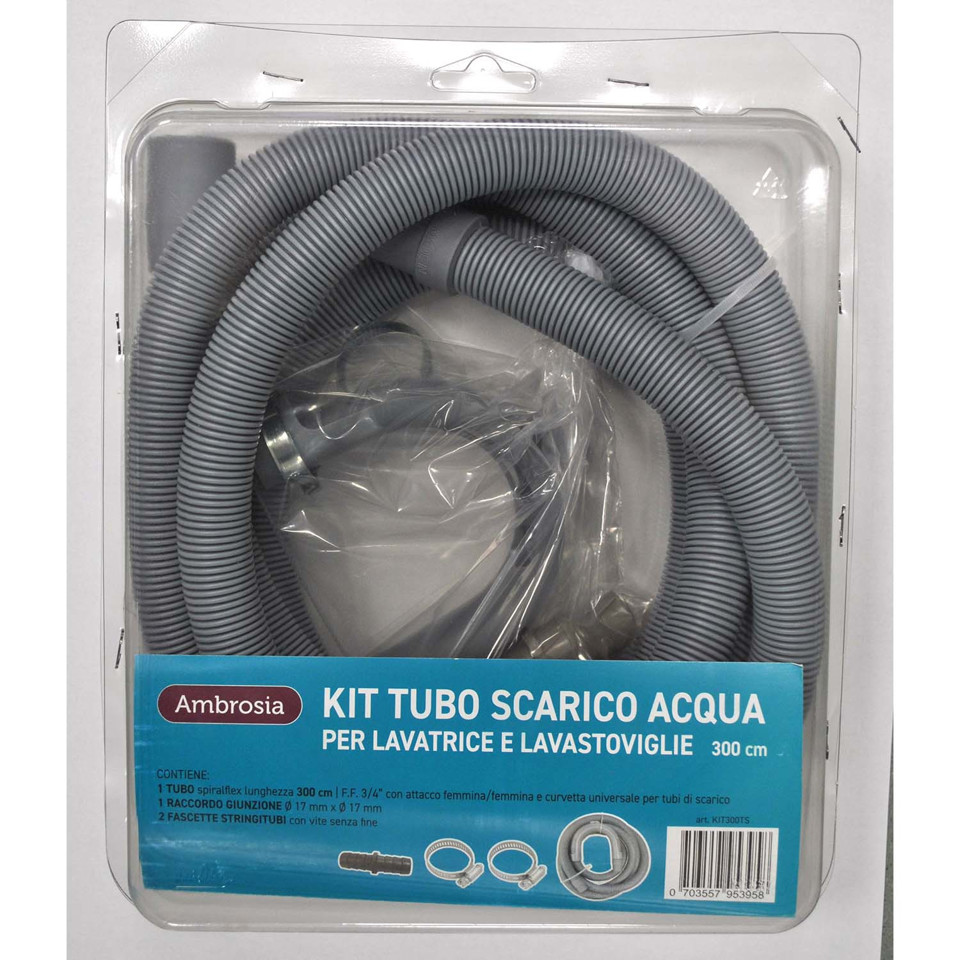 Ambrosia KIT: TUBO SCARICO LAVAT. CM300 CON CURVETTA + 1 RACCORDO P/TUBO SCARICO MM 17X17 + 2 FASCETTE STRINGITUBI Ambrosia KIT: TUBO SCARICO LAVAT. CM300 CON CURVETTA + 1 RACCORDO P/TUBO SCARICO MM 17X17 + 2 FASCETTE STRINGITUBI