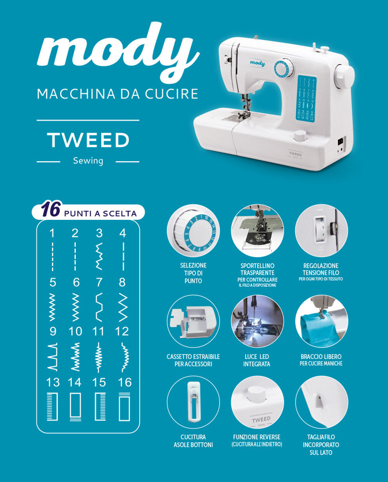TWEED Mody Macchina da cucire automatica 16 operazioni braccio libero elettrica XDSM613