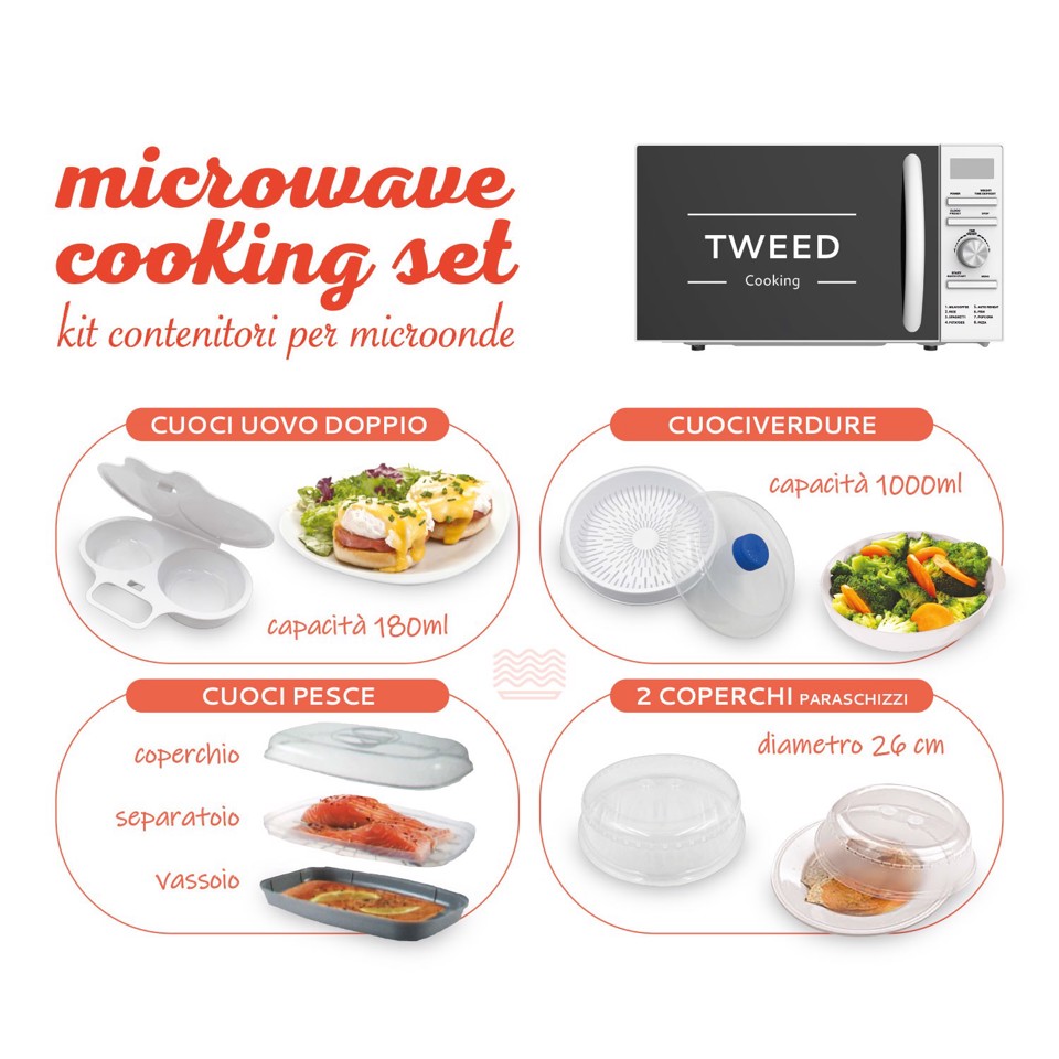 TWEED TW077 Kit accessori per microonde 3 contenitori assortiti + 2 coperchi paraschizzi