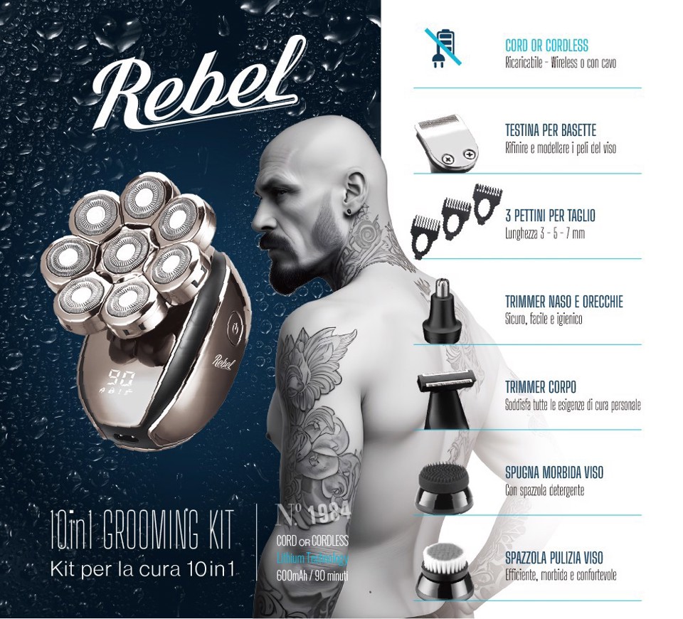 Rebel Kit per la cura di barba e capelli 10 in 1 WET&DRY - REBEL by XD