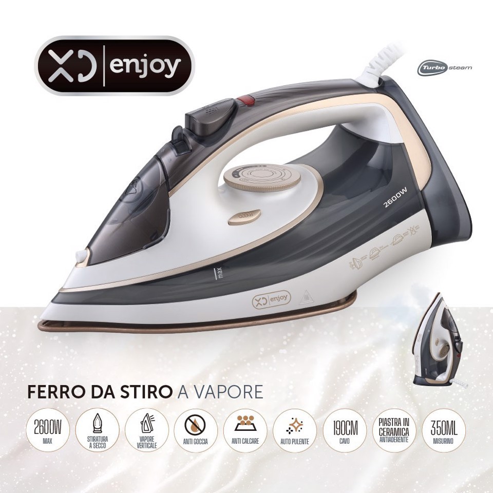 XD Enjoy XDBIN9555 ferro da stiro Ferro da stiro a secco e a vapore Piastra in Ceramica 2600 W Grigio, Bianco