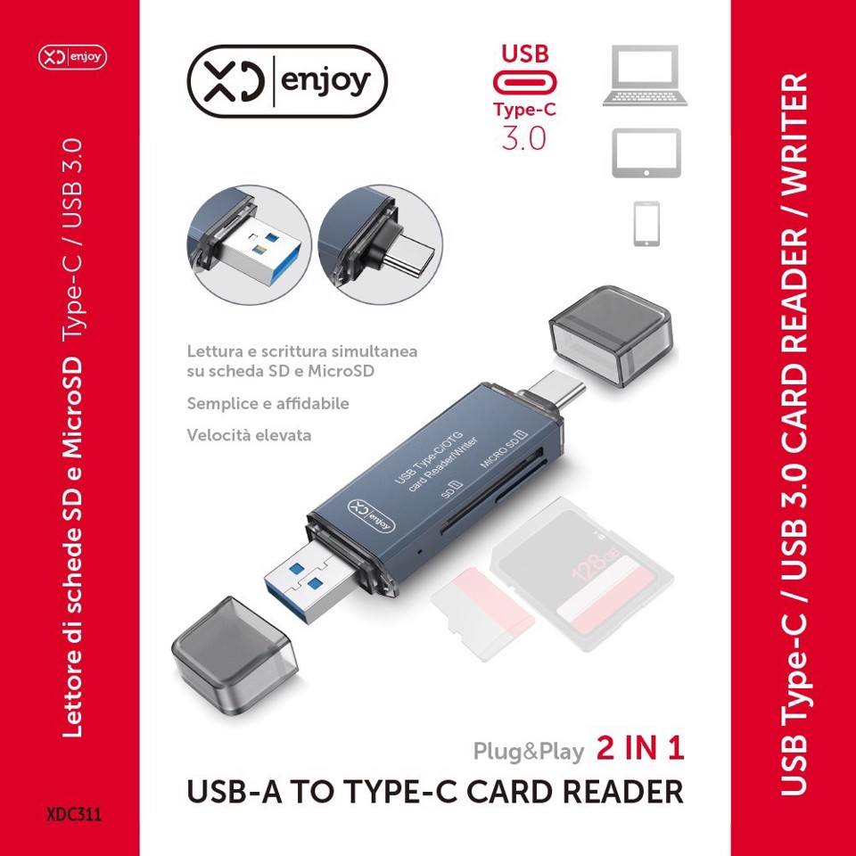 XD Enjoy XDC311 lettore di schede USB 3.0 Type-A/Type-C Grigio