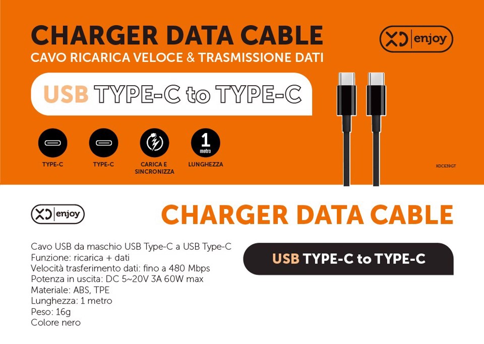 XD Enjoy XDCE39GT cavo USB 1 m USB C Nero