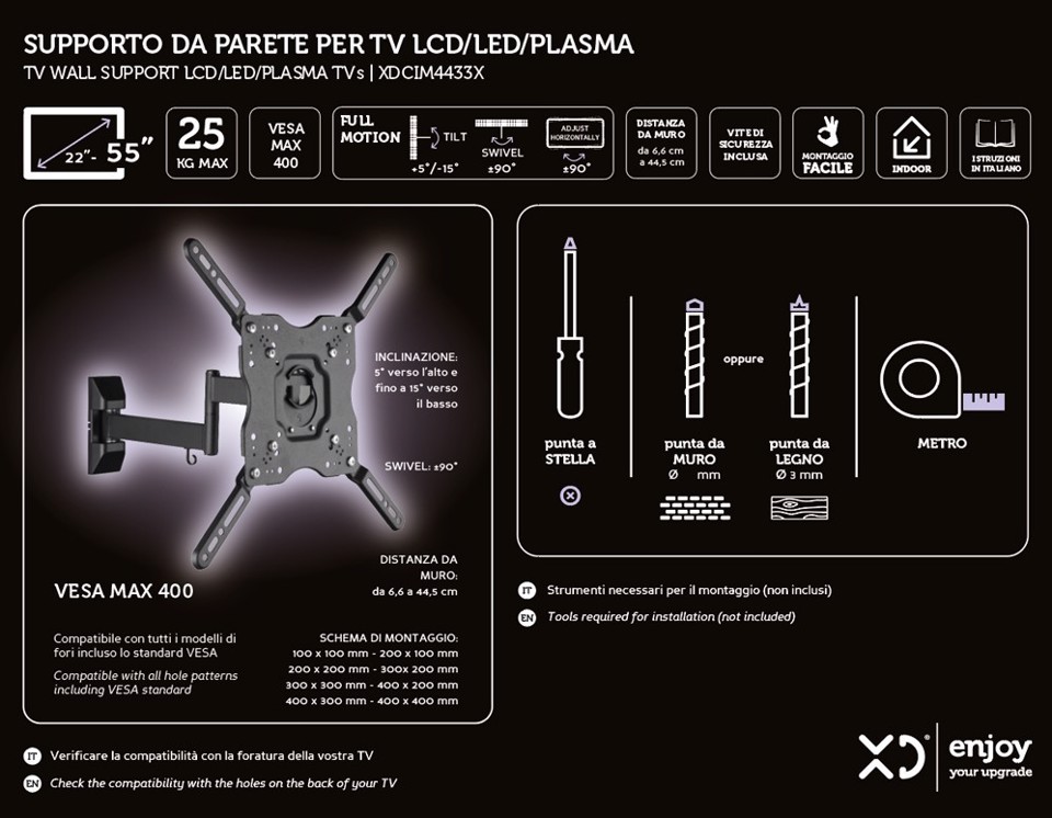 XD Enjoy XDCIM4433X Supporto TV a parete 139,7 cm (55") Nero