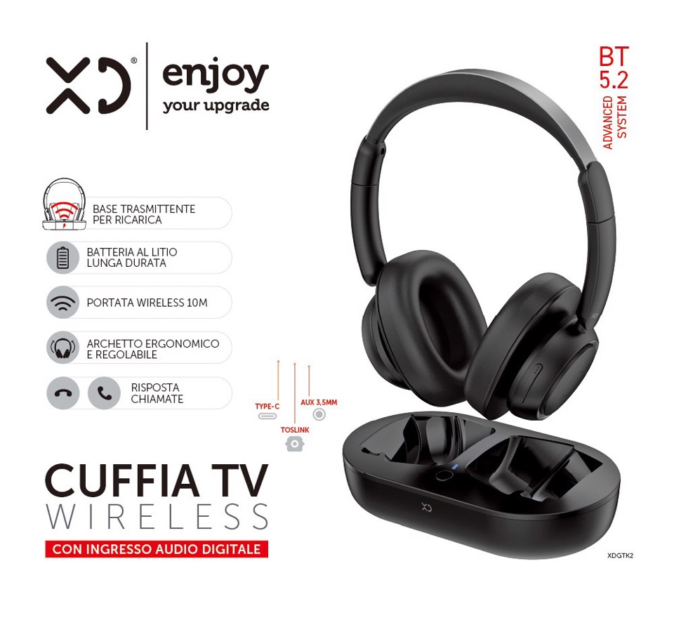 XD Enjoy XDGTK2 cuffia e auricolare Cuffie Wireless Portatile TV Bluetooth Base di ricarica Nero