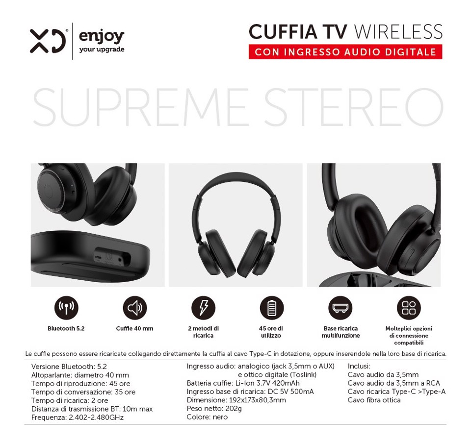 XD Enjoy XDGTK2 cuffia e auricolare Cuffie Wireless Portatile TV Bluetooth Base di ricarica Nero