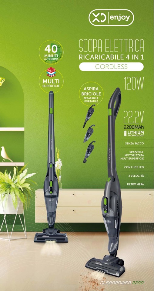 XD Enjoy XDHJX1833 scopa elettrica Batteria Secco Senza sacchetto 0,8 L Verde, Grigio 2,2 Ah