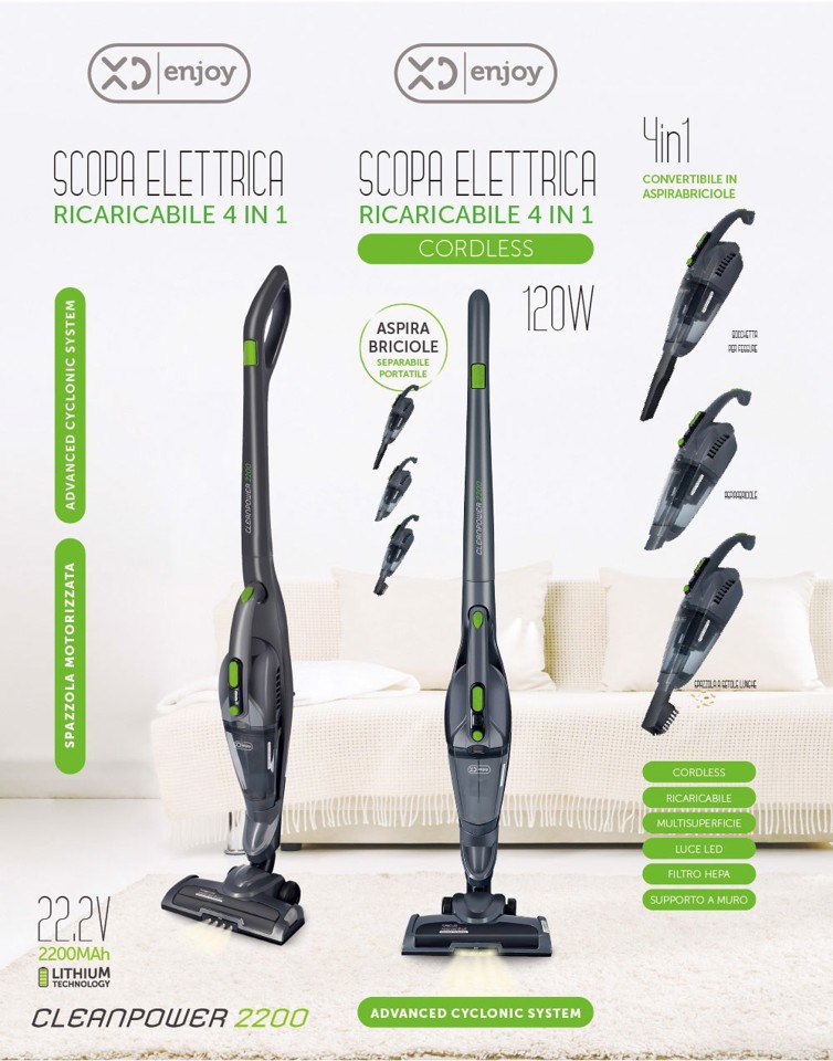 XD Enjoy XDHJX1833 scopa elettrica Batteria Secco Senza sacchetto 0,8 L Verde, Grigio 2,2 Ah