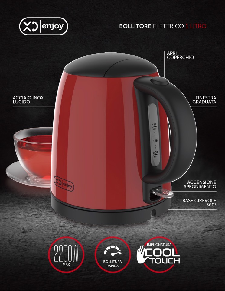 XD Enjoy XDHR100RD bollitore elettrico 1 L 2200 W Nero, Rosso