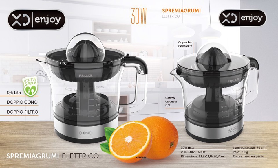 XD Enjoy XDHR866 spremiagrumi elettrico 0,6 L 30 W Nero, Acciaio inox, Trasparente