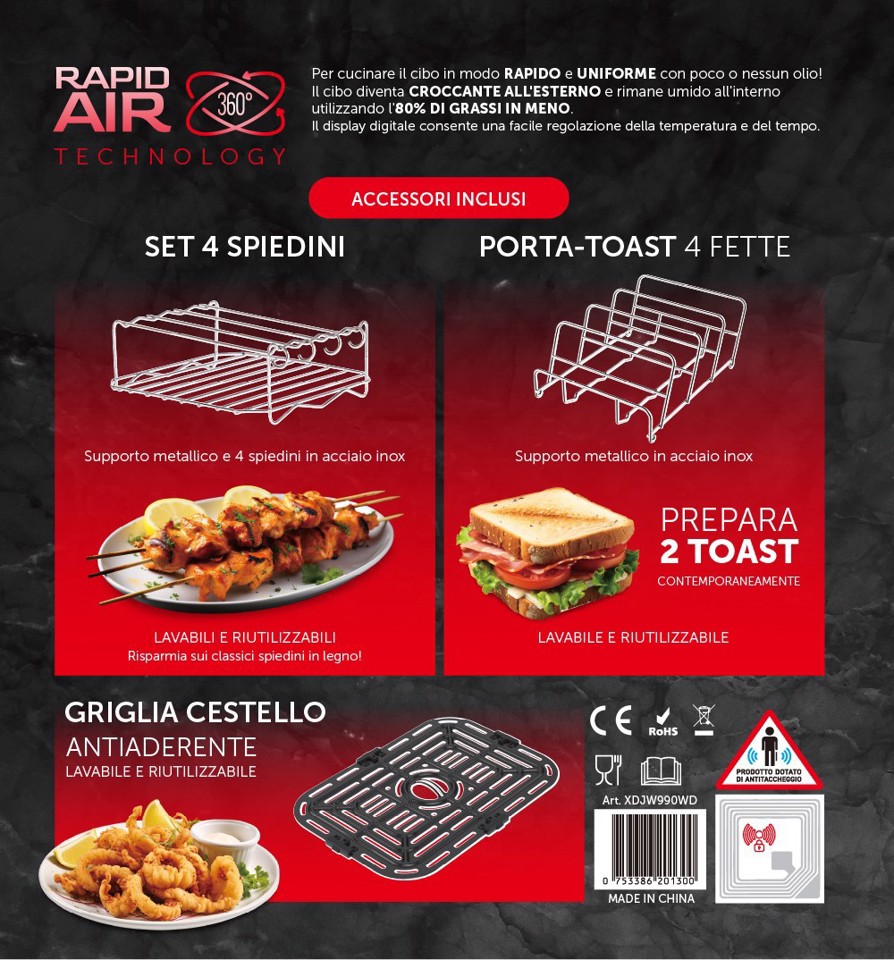 XD Premium XDJW990WD friggitrice Singolo 8 L Indipendente 1700 W Friggitrice ad aria calda Nero