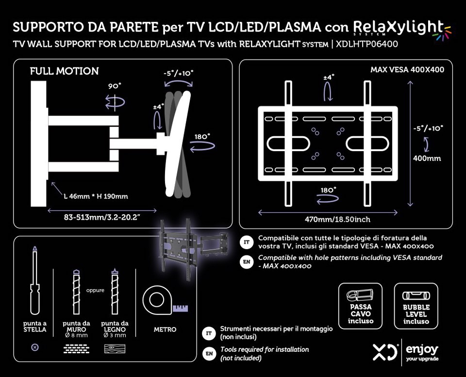 XD Enjoy XDLHTP06400 Supporto TV a parete 139,7 cm (55") Nero