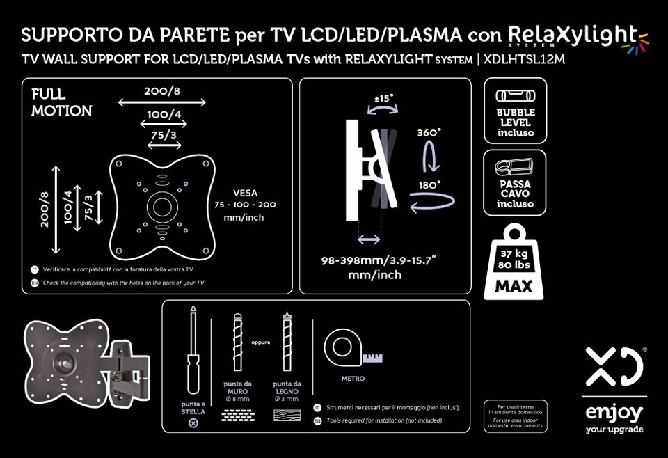 XD Enjoy XDLHTSL12M Supporto TV a parete 109,2 cm (43") Nero