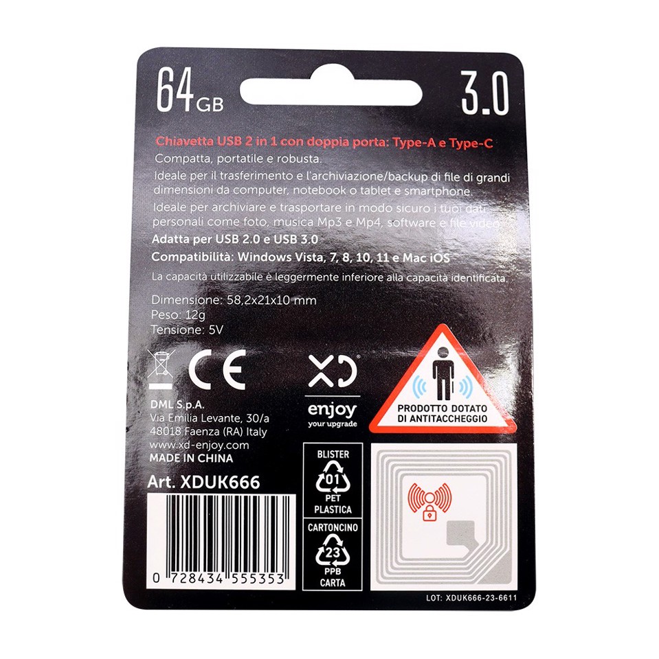 XD Enjoy XDUK666 unità flash USB 64 GB USB Type-A / USB Type-C 3.2 Gen 2 (3.1 Gen 2) Blu, Argento
