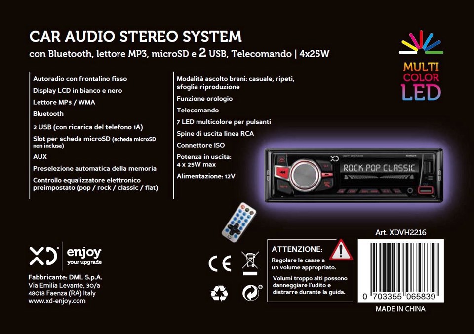 XD Enjoy XDVH2216 Ricevitore multimediale per auto Nero 100 W Bluetooth