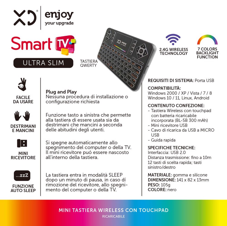 XD Enjoy Mini Tastiera Wireless Con Touchpad Ricaricabile