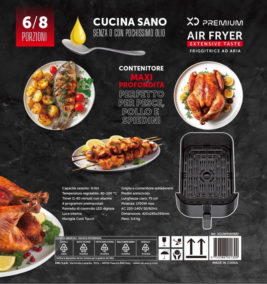 XD Premium Friggitrice Ad Aria 8 Litri Con Finestra Integrata
