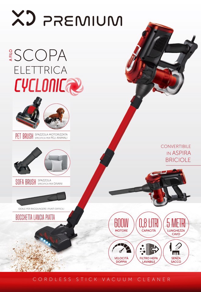 XD Premium Scopa Elettrica Ciclonica A Filo 600W - Convertibile In Aspirabriciole