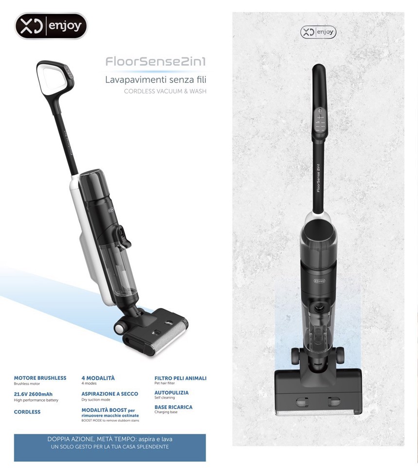 XD Premium Lavapavimenti e scopa elettrica ricaricabile (2 in 1) Secco e bagnato doppio serbatoio fino a 57 minuti di autonomia. XDSWE11M