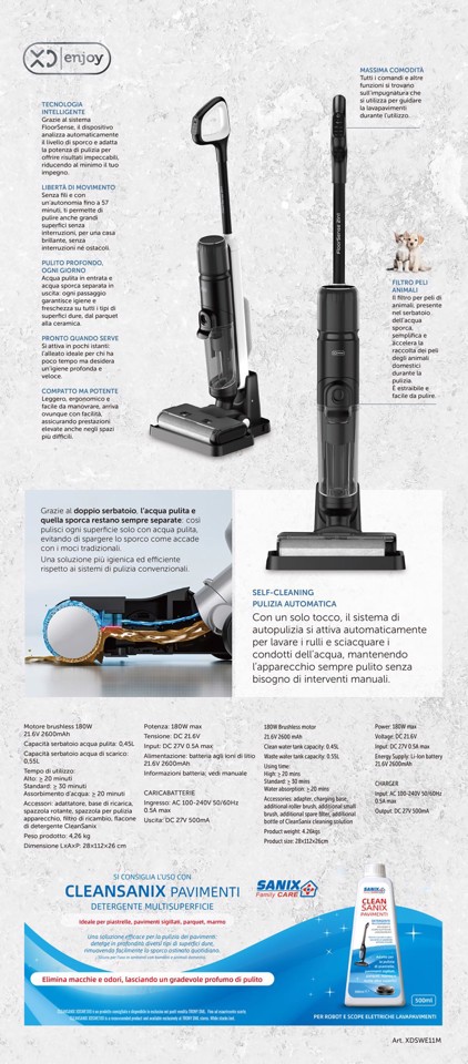 XD Premium Lavapavimenti e scopa elettrica ricaricabile (2 in 1) Secco e bagnato doppio serbatoio fino a 57 minuti di autonomia. XDSWE11M