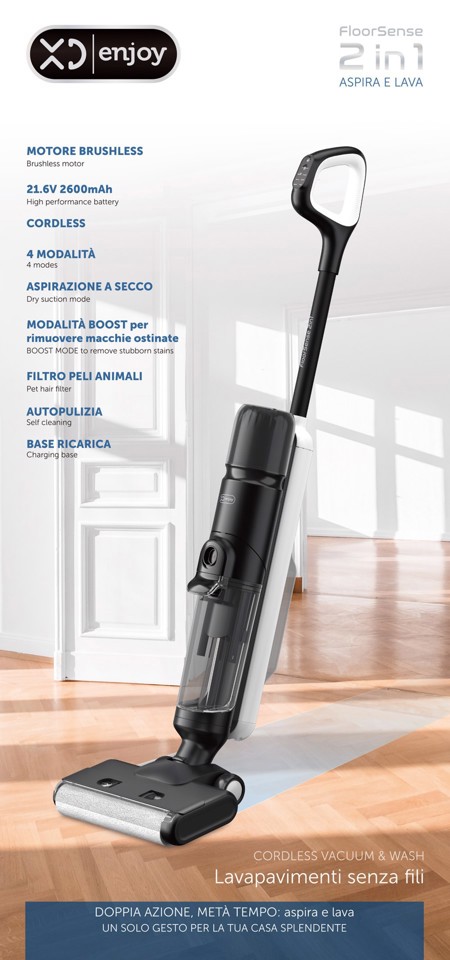 XD Premium Lavapavimenti e scopa elettrica ricaricabile (2 in 1) Secco e bagnato doppio serbatoio fino a 57 minuti di autonomia. XDSWE11M