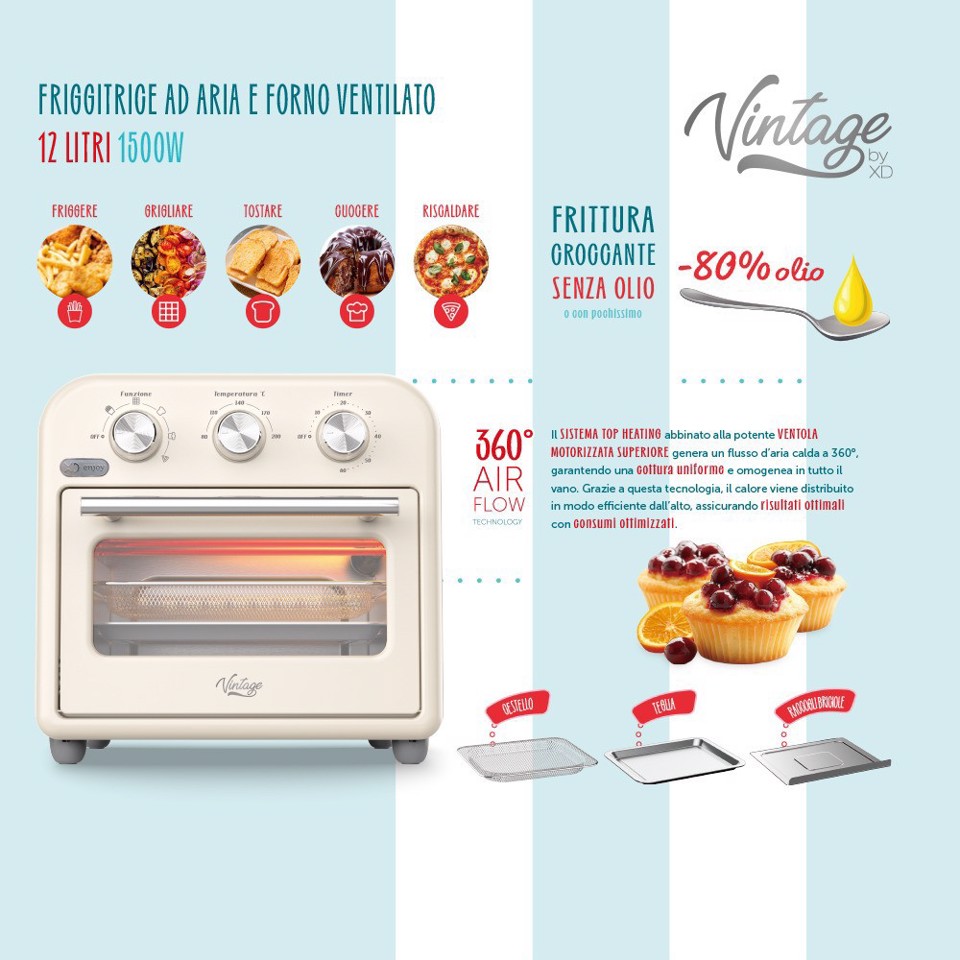 XD Vintage XDBOW1020VTG friggitrice Singolo 12 L Indipendente 1500 W Friggitrice ad aria calda Crema