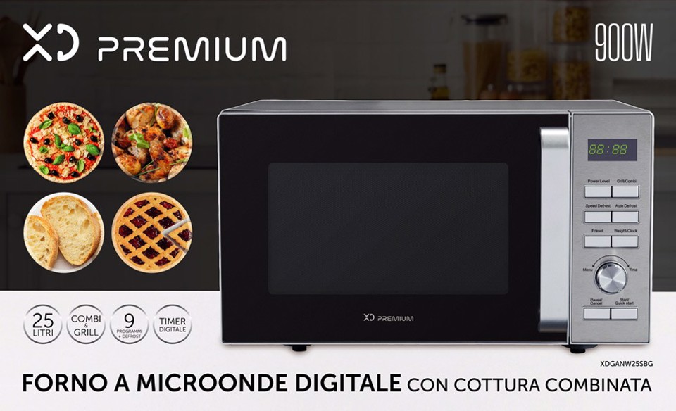 XD Premium XDGANW25SBG forno a microonde Superficie piana Microonde con grill 25 L 900 W Nero, Argento