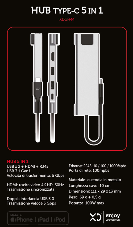 XD Enjoy XDGH44 hub di interfaccia USB 3.2 Gen 1 (3.1 Gen 1) Type-C 5000 Mbit/s Argento