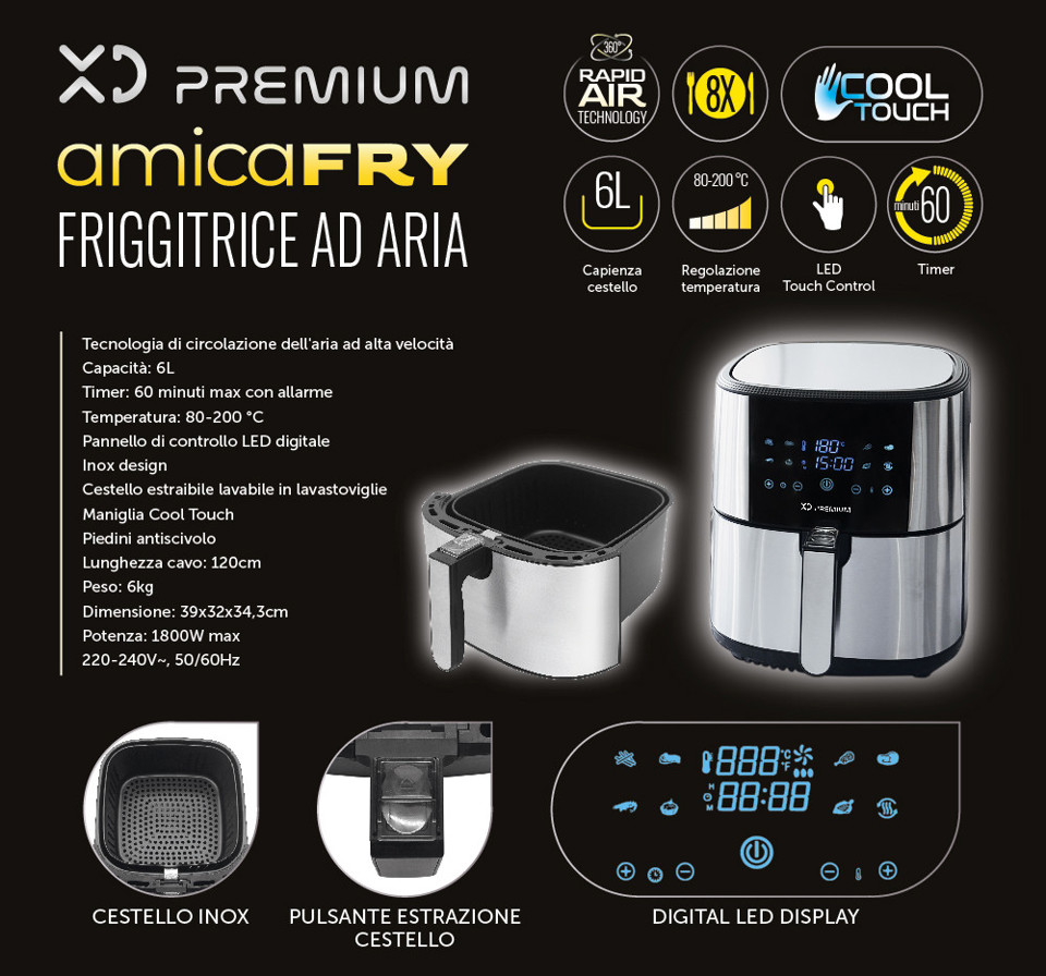 XD Premium XDJW514 friggitrice ad aria 6 L 1800 W colore Nero, Acciaio inossidabile