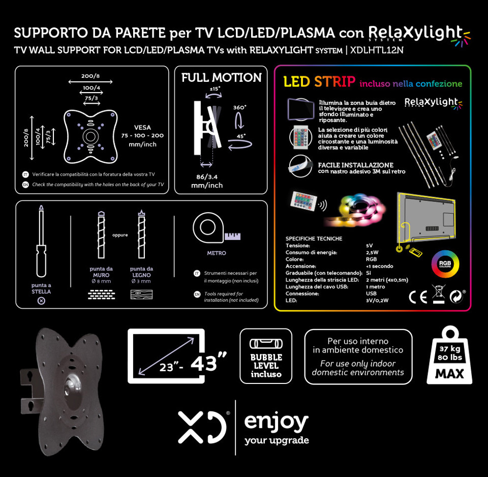 XD Enjoy XDLHTL12N Supporto TV a parete 109,2 cm (43") Nero