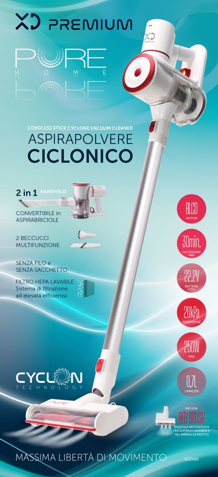 XD Enjoy XDZK88 aspirapolvere senza filo Rosso, Bianco Senza sacchetto