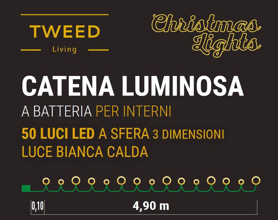 TWEED Catena Luminosa 50 Luci Led A Sfera 3 Dimensioni a Batterie - Luce Bianca Calda